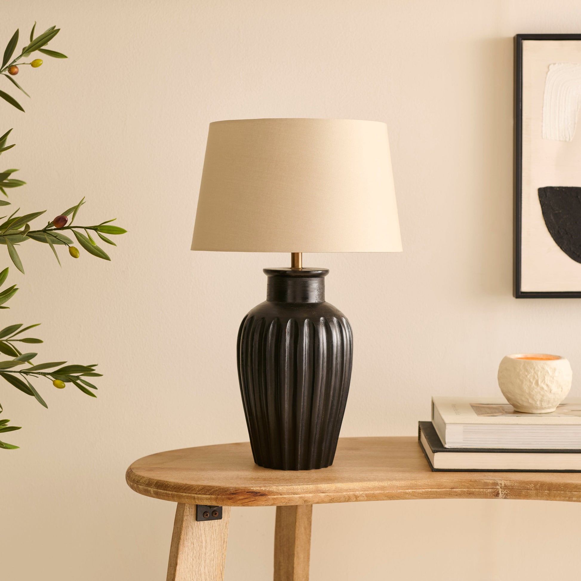 Burcot 28cm Jet Black Mango Wood Lamp Base with Coningsby 30cm Shade - Taupe - Laura James 