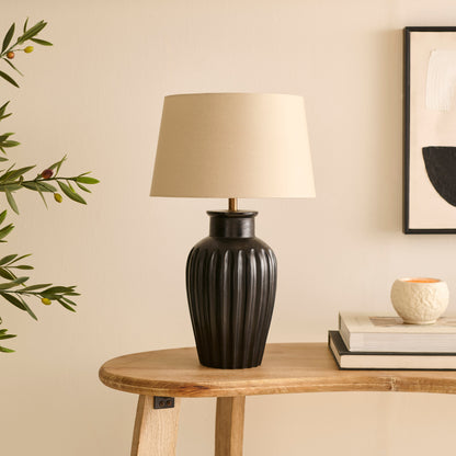 Burcot 28cm Jet Black Mango Wood Lamp Base with Coningsby 30cm Shade - Taupe - Laura James 