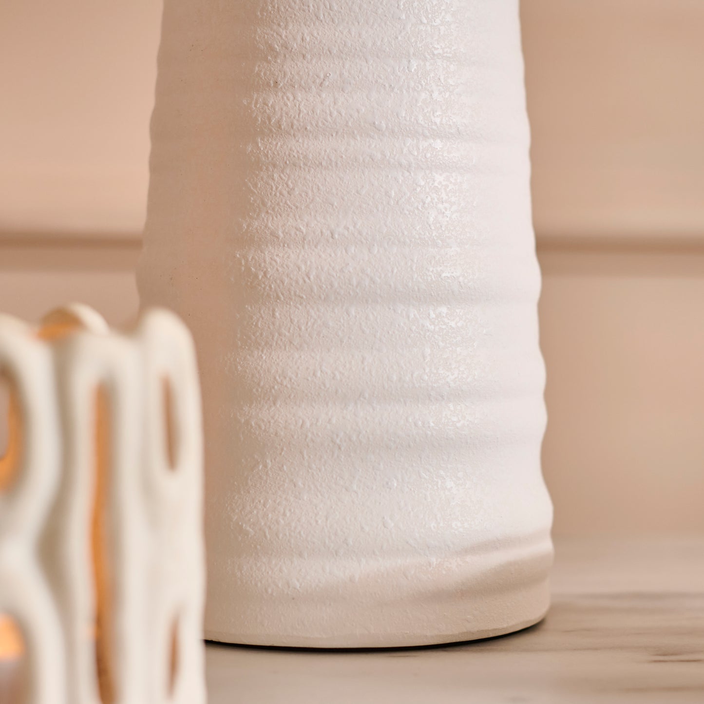 Burleigh 43cm Ceramic Table Lamp Base - White & Coningsby 35cm Cotton Lamp Shade - Snow White - Laura James