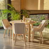 Carter Whitewash Round Dining Table with 4 Freya Boucle Dining Chairs with Whitewash Legs - Laura James 