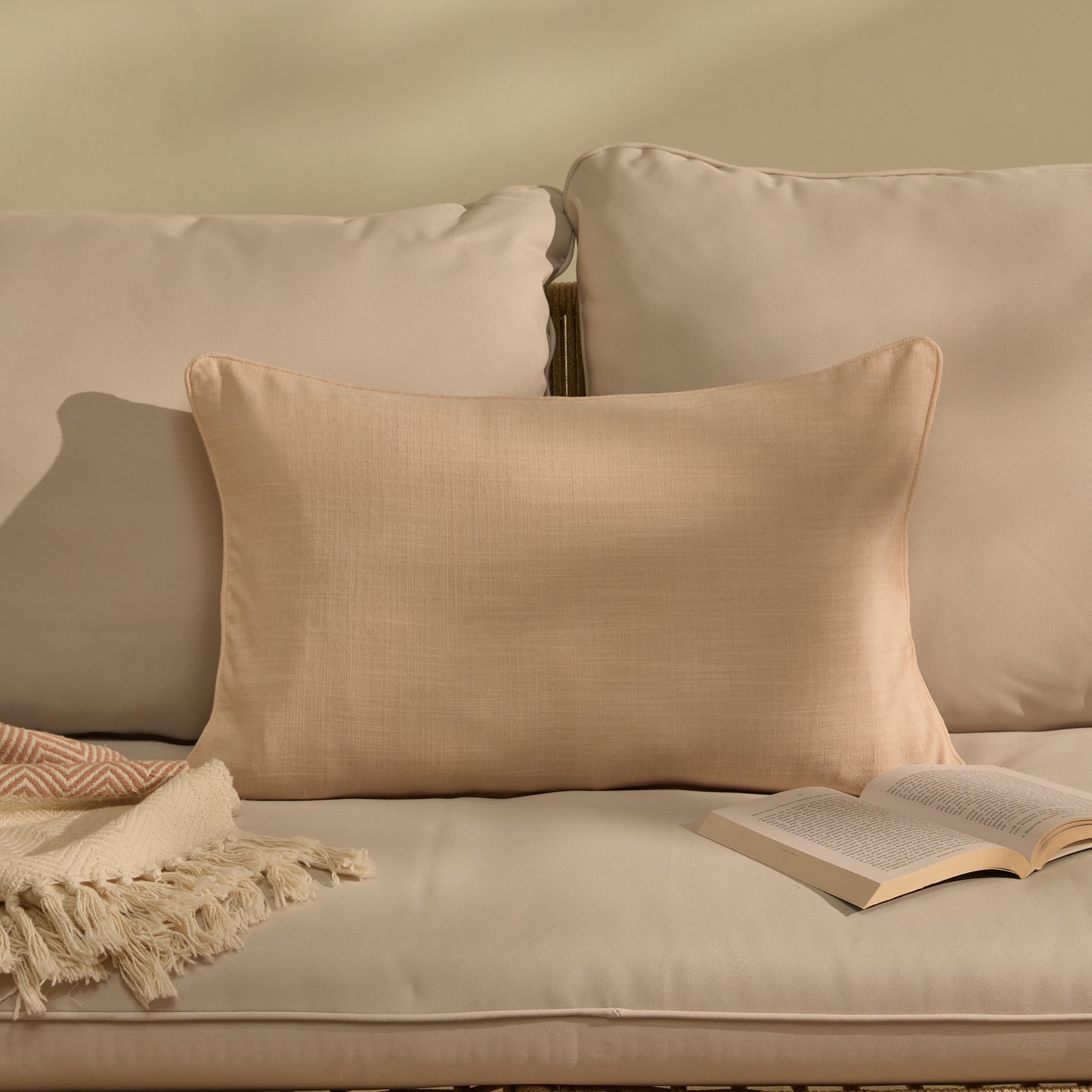 Camber 35x55cm Outdoor Cushion Cover - Blush Pink with Pink Piping - Laura James