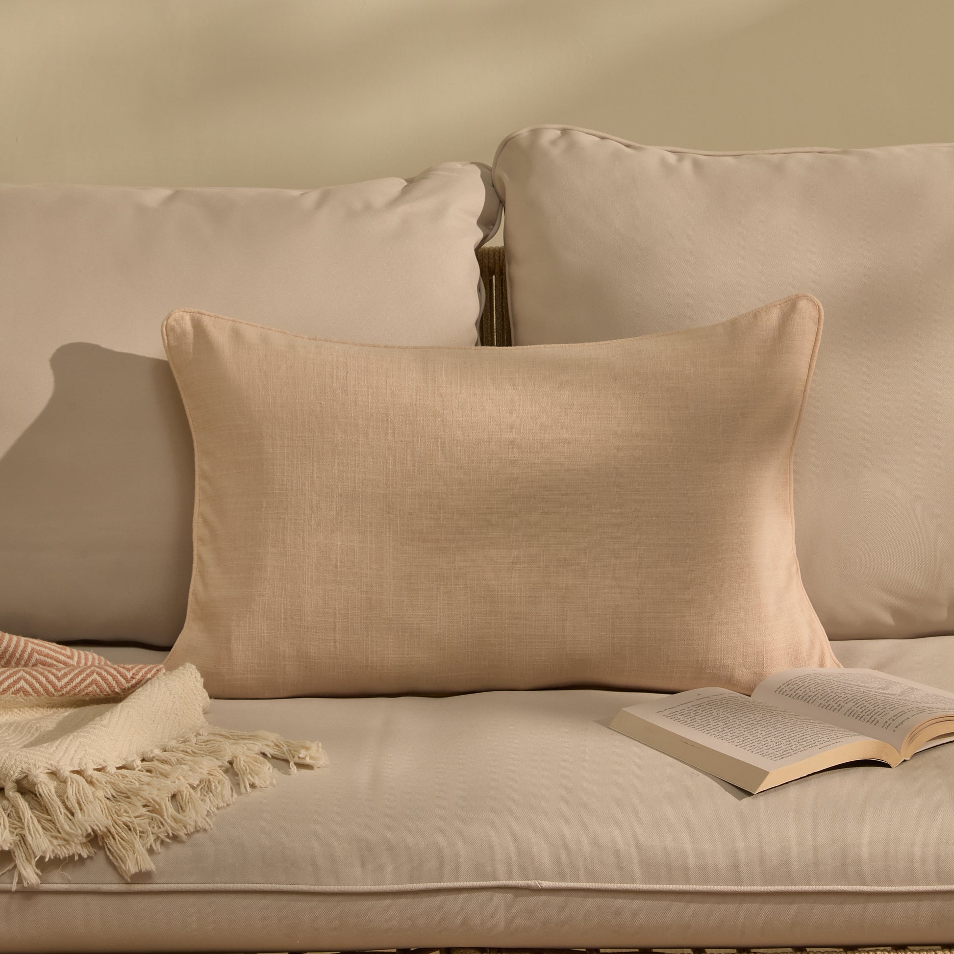 Camber 35x55cm Outdoor Cushion Cover - Blush Pink with Pink Piping - Laura James