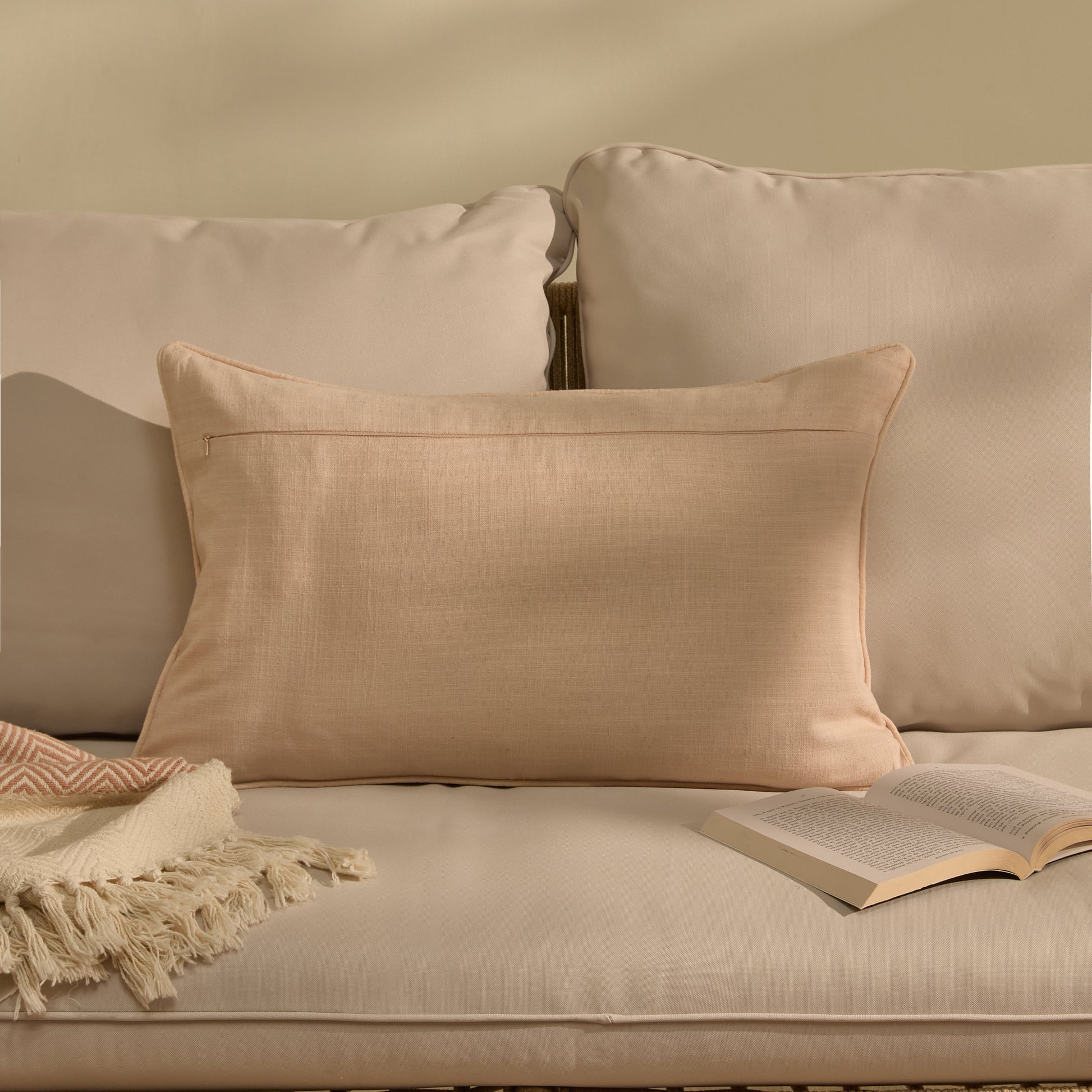 Camber 35x55cm Outdoor Cushion Cover - Blush Pink with Pink Piping - Laura James