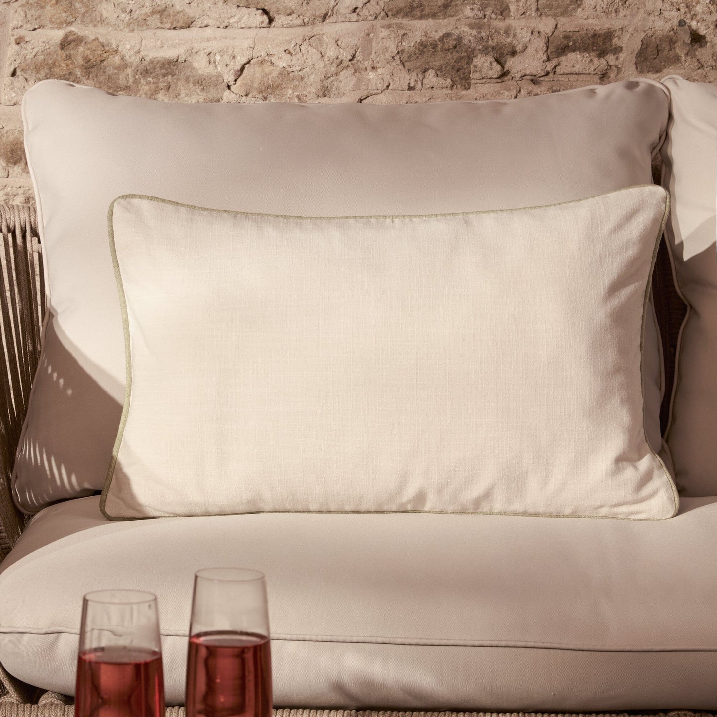 Camber 35x55cm Garden Scatter Cushion Cover - Off White with Sage Green Piping - Laura James