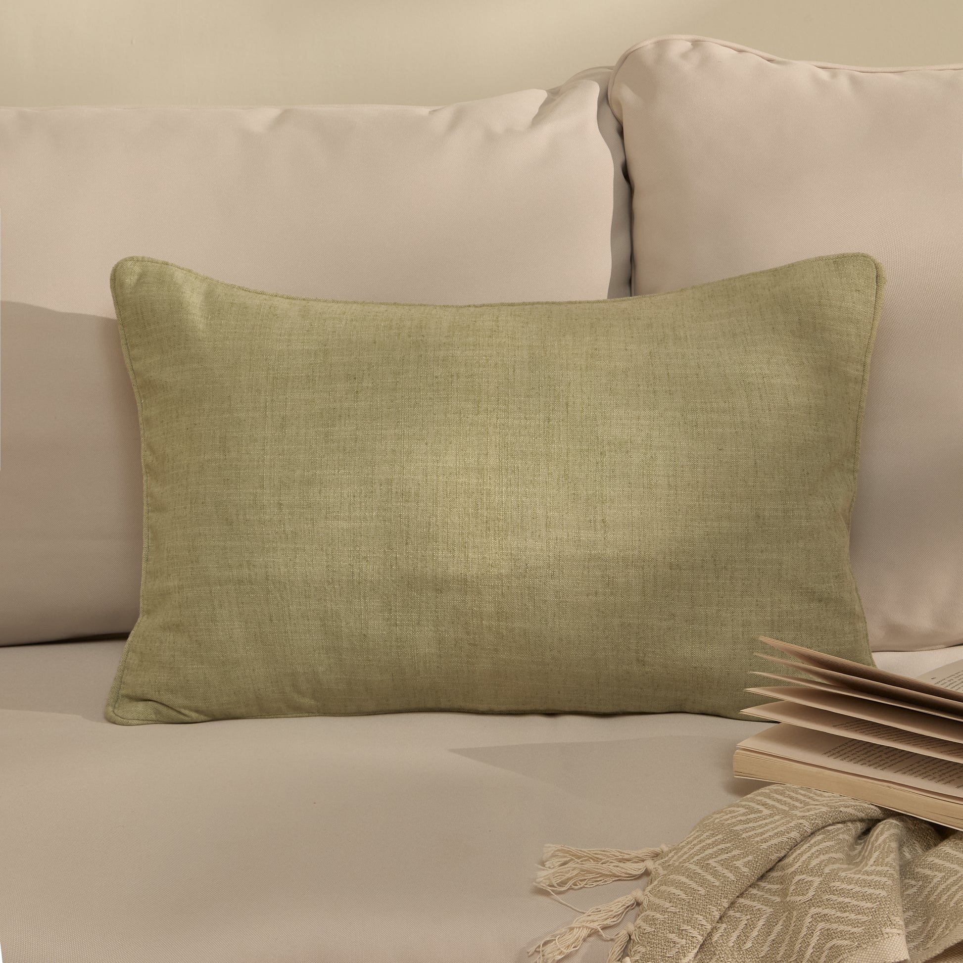 Camber 35x55cm Outdoor Cushion Cover - Sage Green with Off White Piping - Laura James