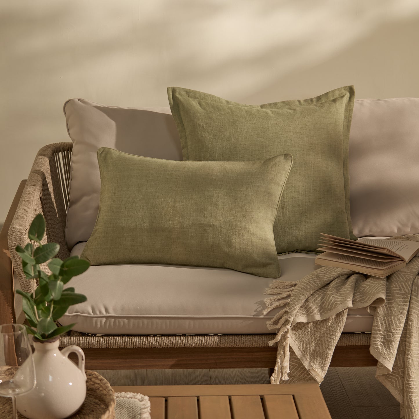 Camber 35x55cm Outdoor Cushion Cover - Sage Green with Off White Piping - Laura James