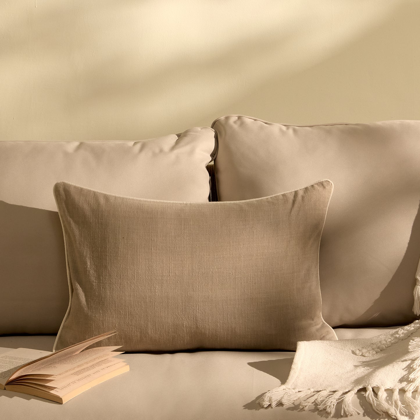 Camber 35x55cm Outdoor Cushion Cover - Sand with Off White Piping - Laura James
