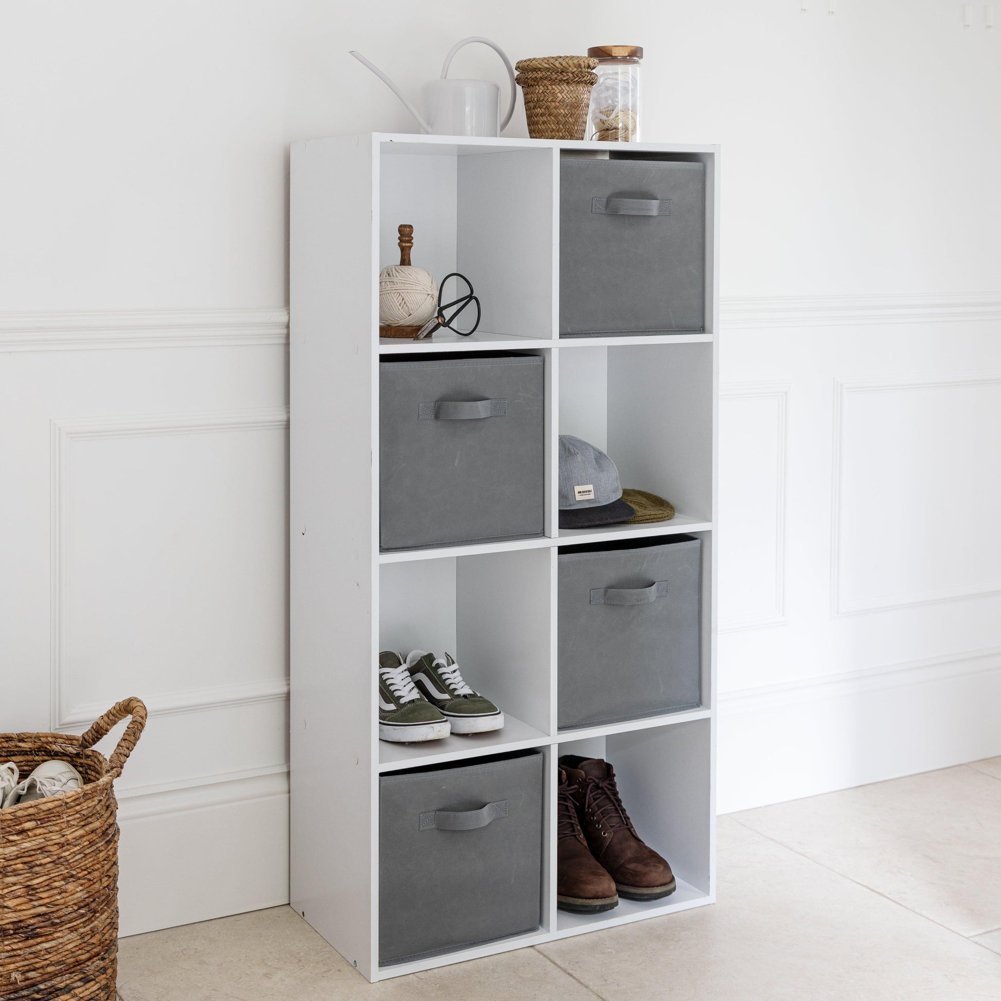 8 Cube Storage Unit in White & 4 Grey Handled Box Drawers - Laura James