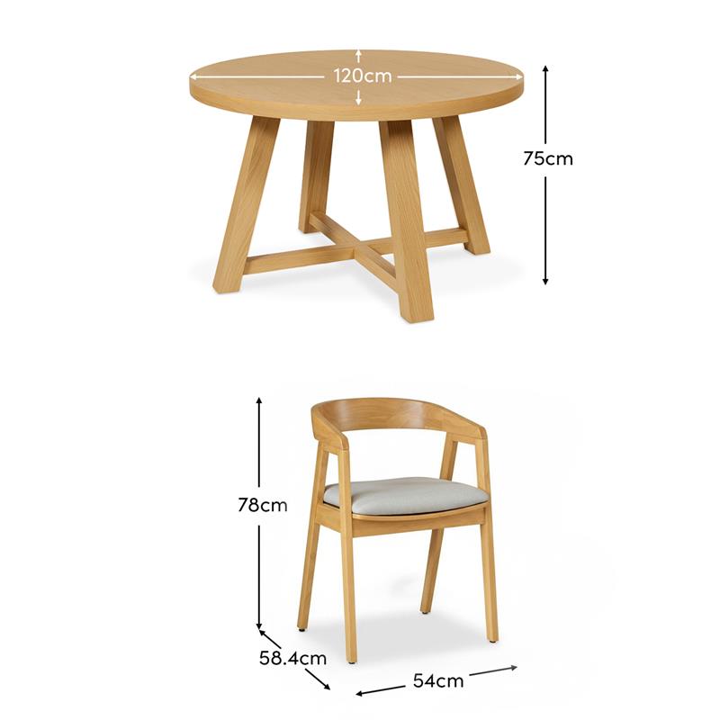 Charlotte Pale Oak Round Dining Table Set - 4 Seater - Ella Pale Oak Carver Chair - Fawn Linen - Laura James