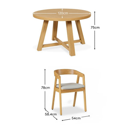 Charlotte Pale Oak Round Dining Table Set - 4 Seater - Ella Pale Oak Carver Chair - Fawn Linen - Laura James
