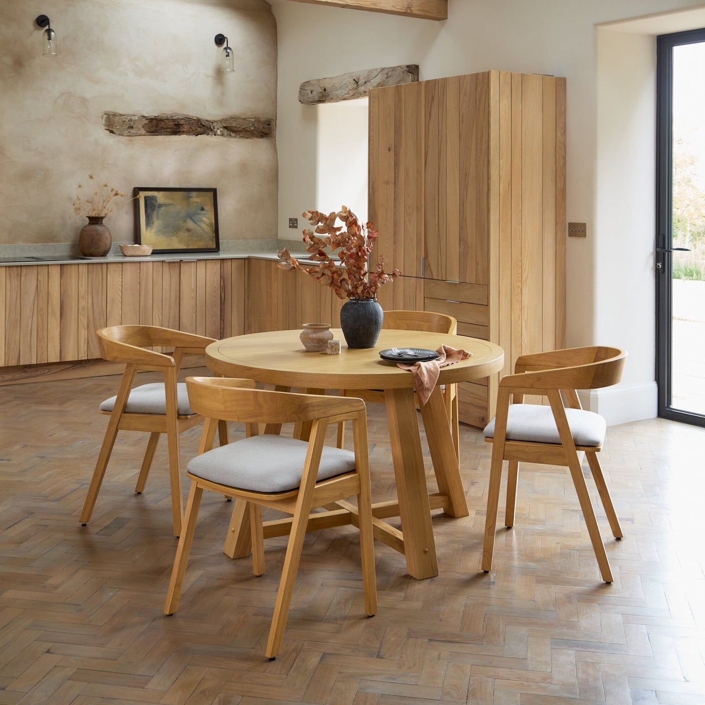 Charlotte Pale Oak Round Dining Table Set - 4 Seater - Ella Pale Oak Carver Chair - Fawn Linen - Laura James