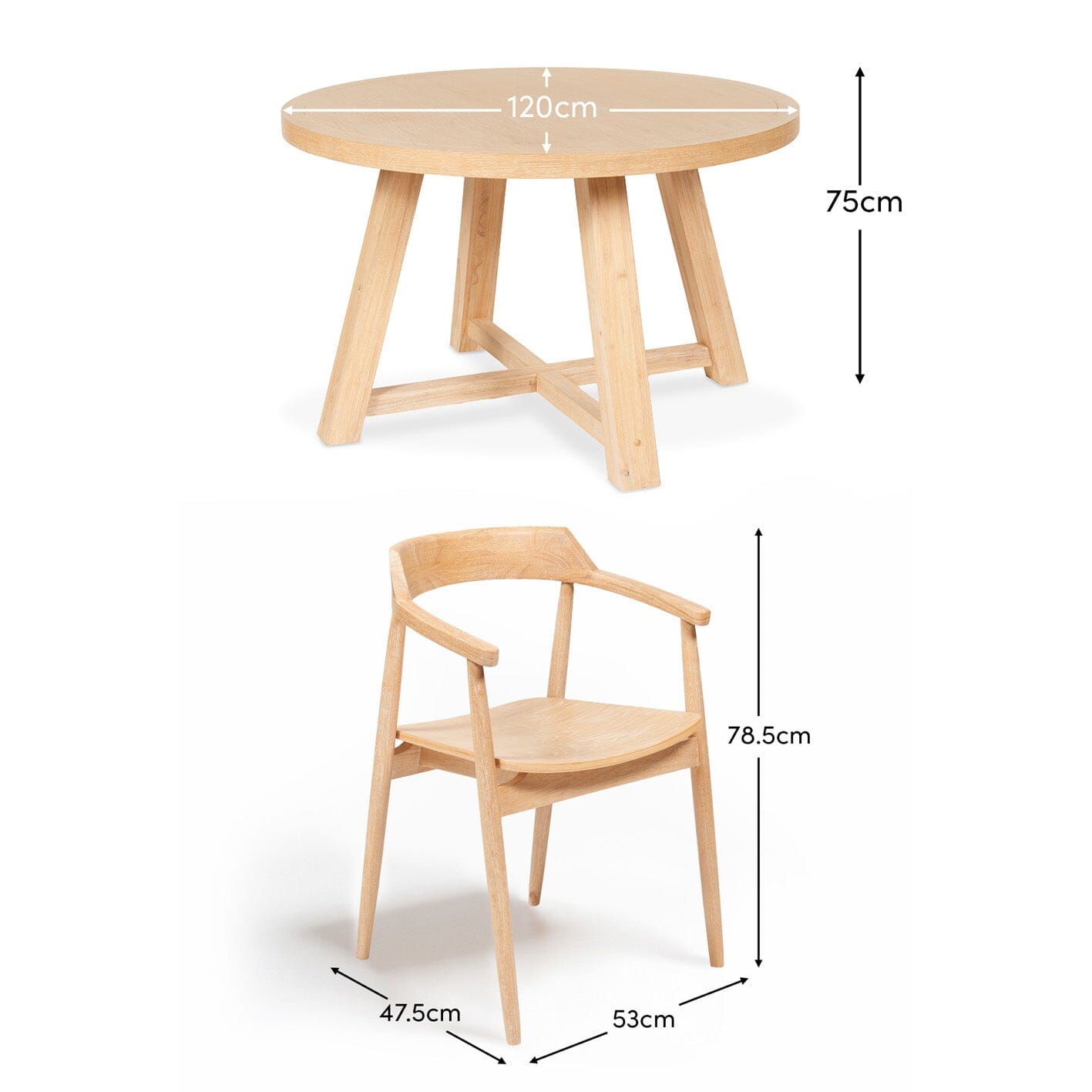 Charlotte Whitewash Round Dining Table Set - 4 Seater - Carter Dining Armchairs - Whitewash Oak Legs - Laura James 