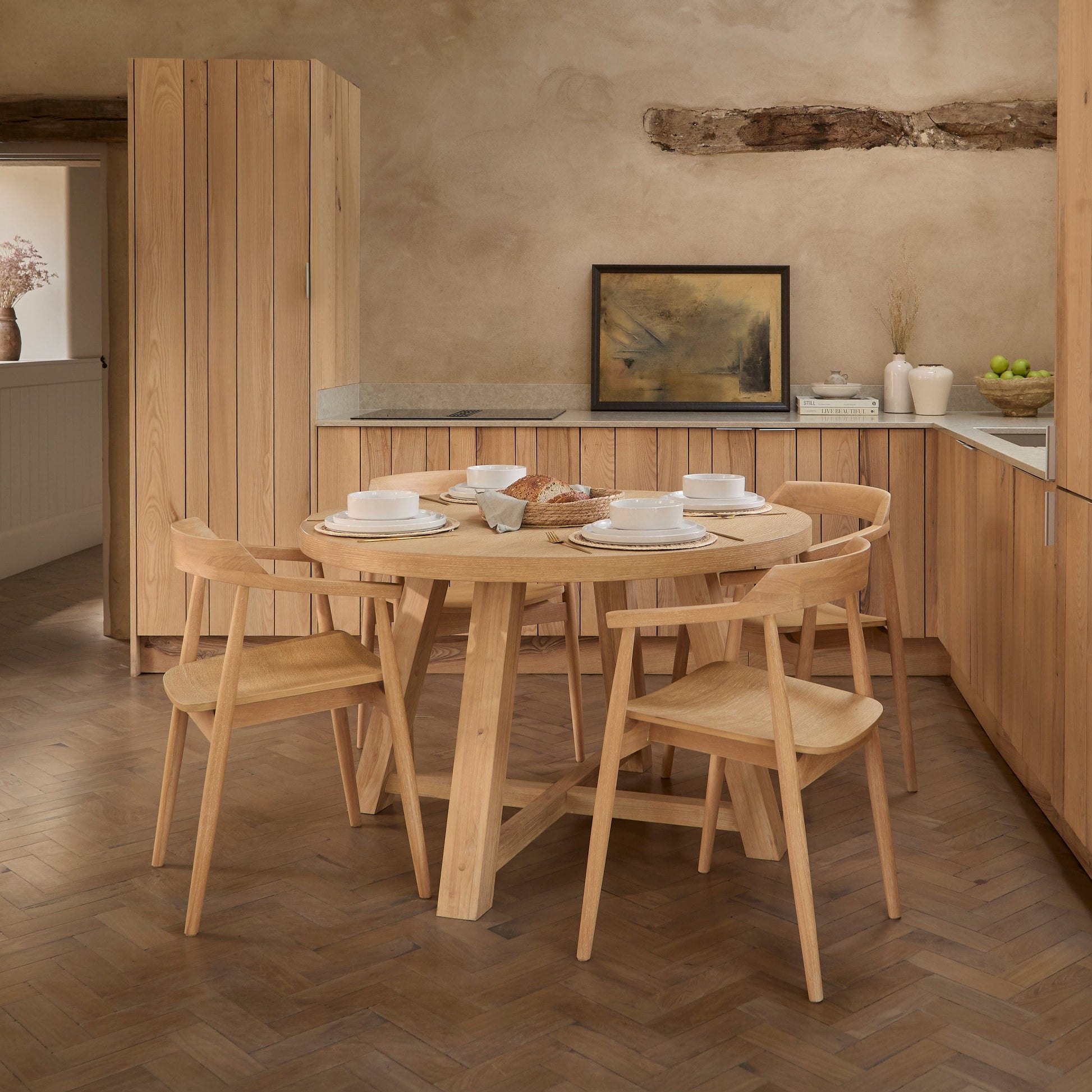Charlotte Whitewash Round Dining Table Set - 4 Seater - Carter Dining Armchairs - Whitewash Oak Legs - Laura James
