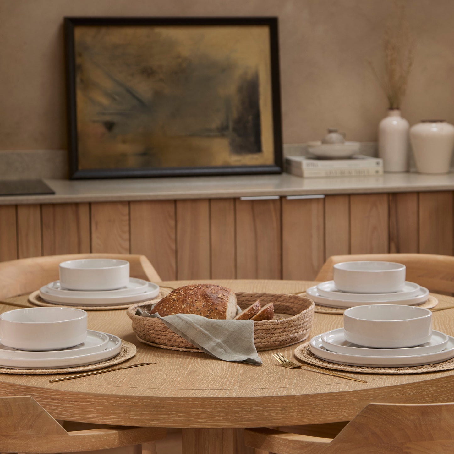 Charlotte Whitewash Round Dining Table Set - 4 Seater - Carter Dining Armchairs - Whitewash Oak Legs - Laura James