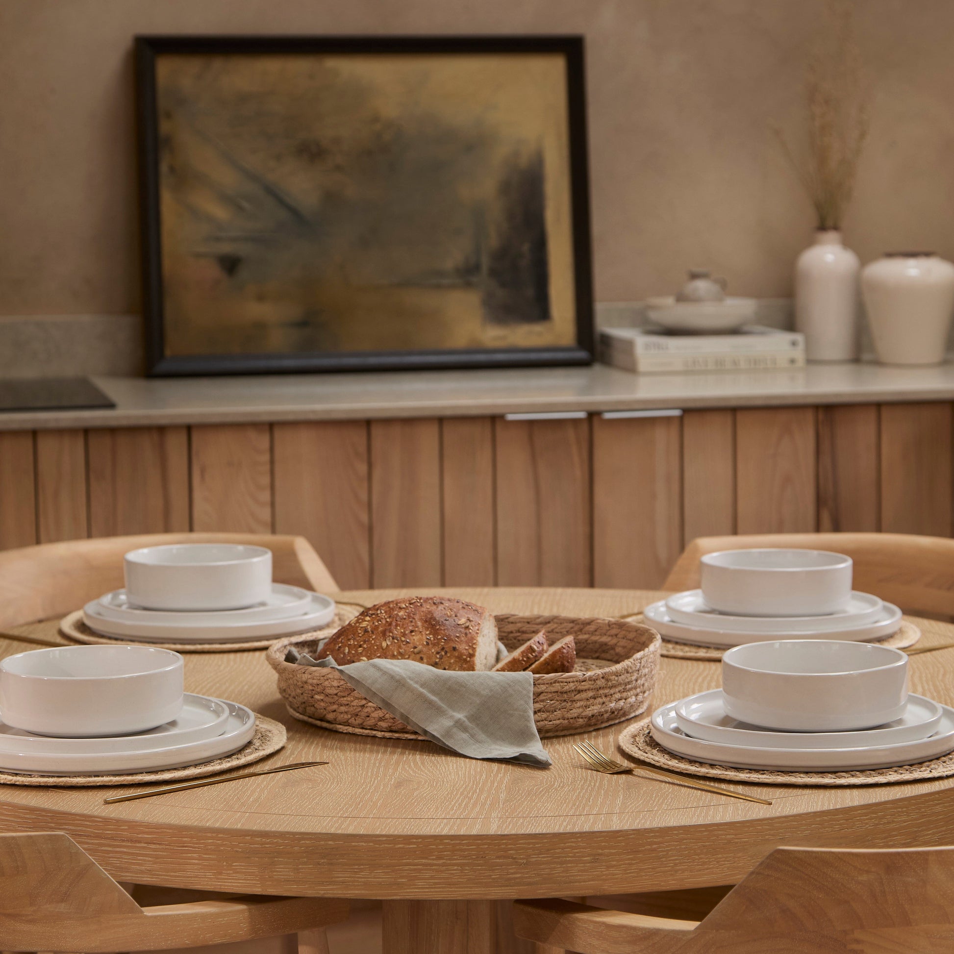 Charlotte Whitewash Round Dining Table Set - 4 Seater - Carter Dining Armchairs - Whitewash Oak Legs - Laura James