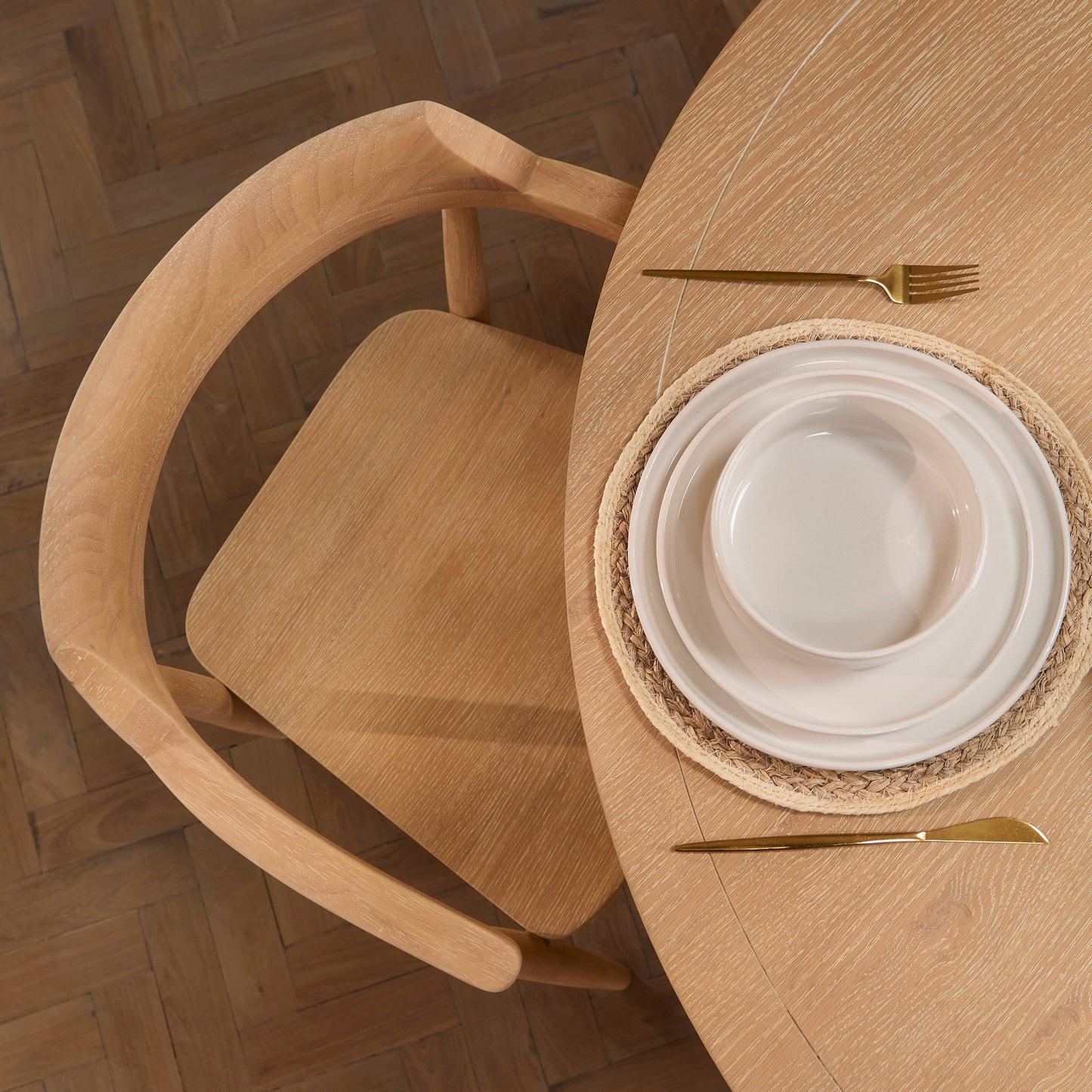 Charlotte Whitewash Round Dining Table Set - 4 Seater - Carter Dining Armchairs - Whitewash Oak Legs - Laura James