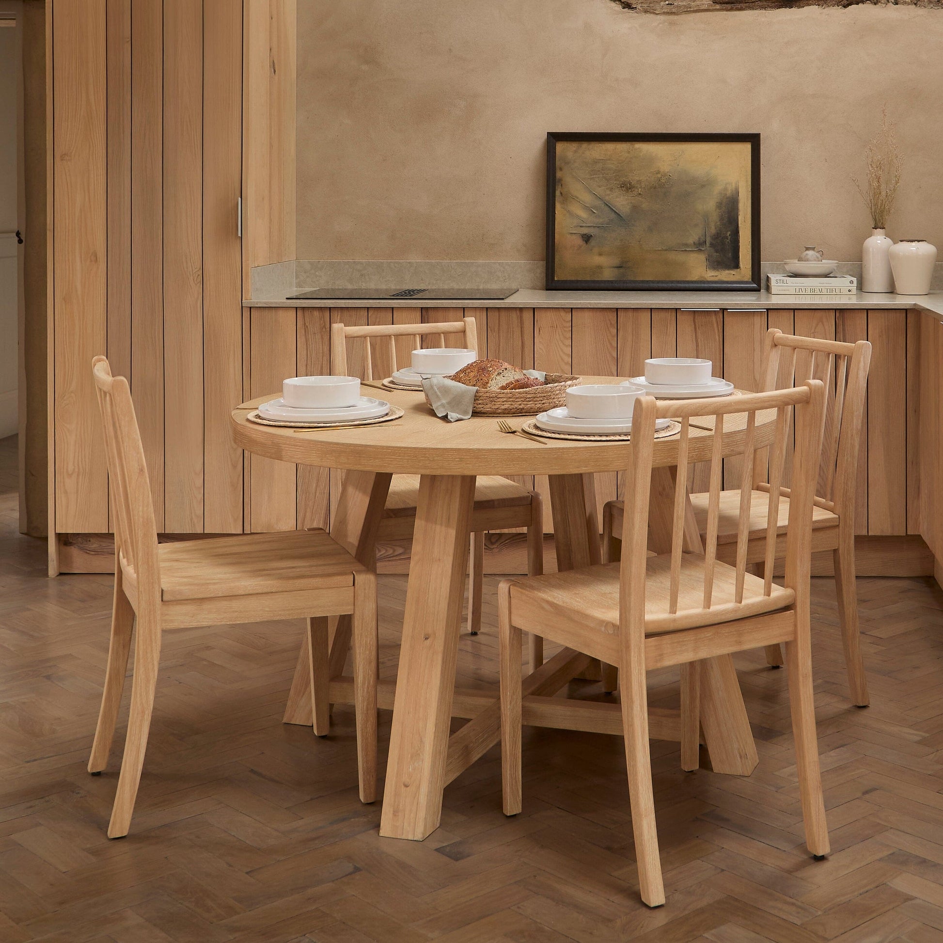 Charlotte Whitewash Round Dining Table Set - 4 Seater - Tilly Dining Chairs - Whitewash Oak Legs - Laura James