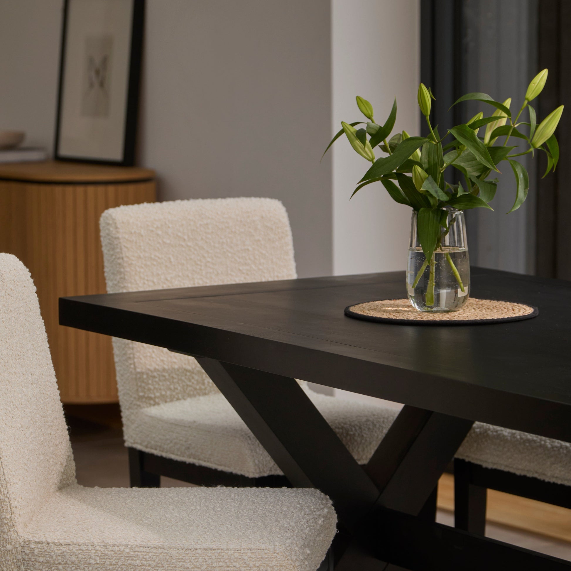 Charlotte Black Oak Extending Dining Table Set - 6 Seater - Nolan Boucle Dining Chairs - Black Oak Legs
- Laura James