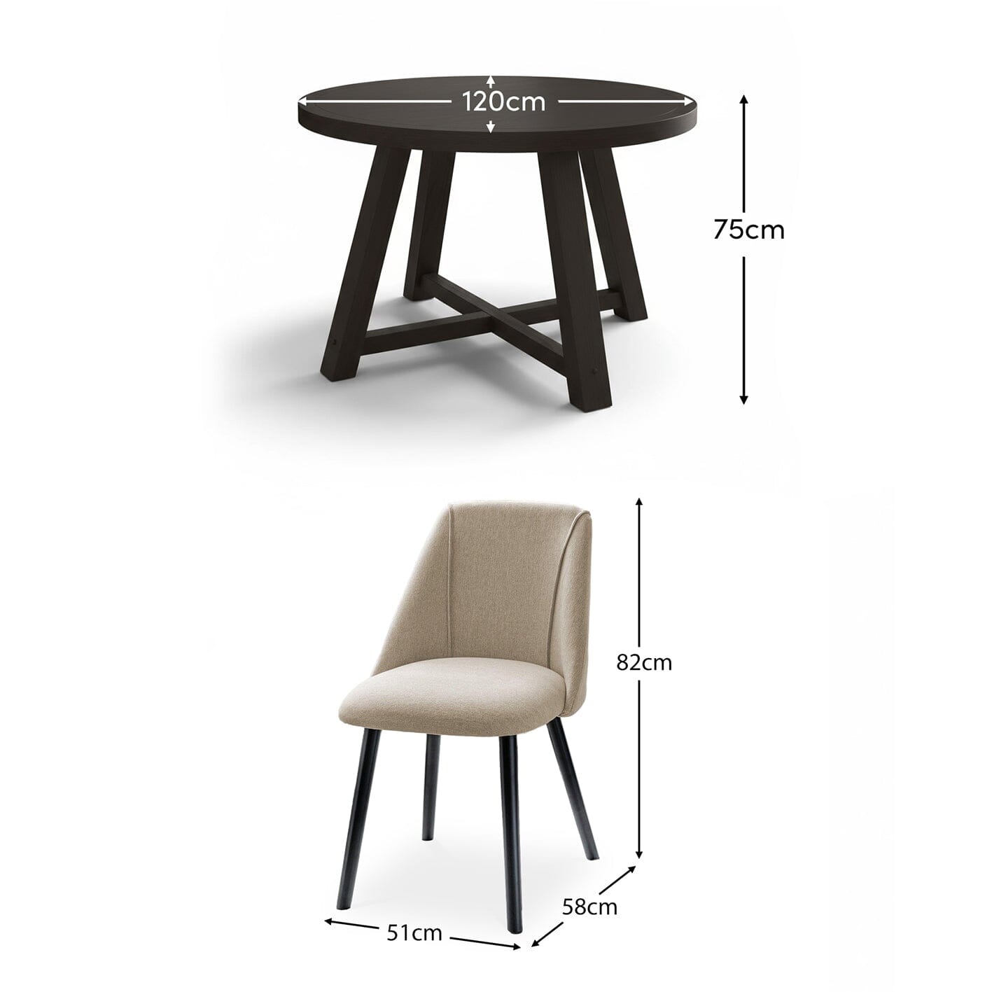 Charlotte Black Oak Round Dining Table Set - 4 Seater - Freya Sand Dining Chairs - Black Oak Legs - Laura James