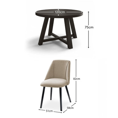 Charlotte Black Oak Round Dining Table Set - 4 Seater - Freya Sand Dining Chairs - Black Oak Legs - Laura James