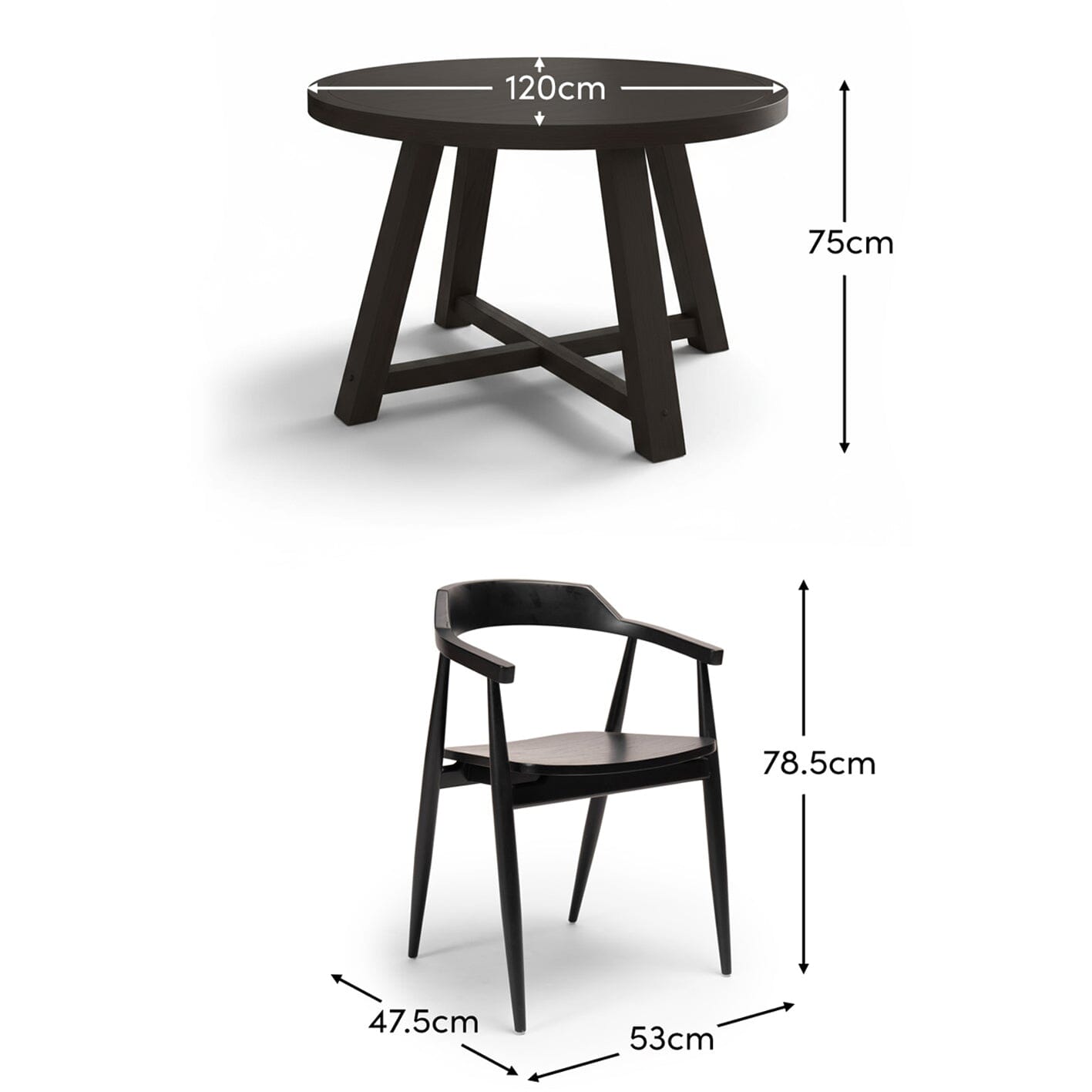 Charlotte Black Oak Round Dining Table Set - 4 Seater - Carter Black Oak Dining Armchairs - Laura James