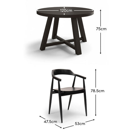 Charlotte Black Oak Round Dining Table Set - 4 Seater - Carter Black Oak Dining Armchairs - Laura James
