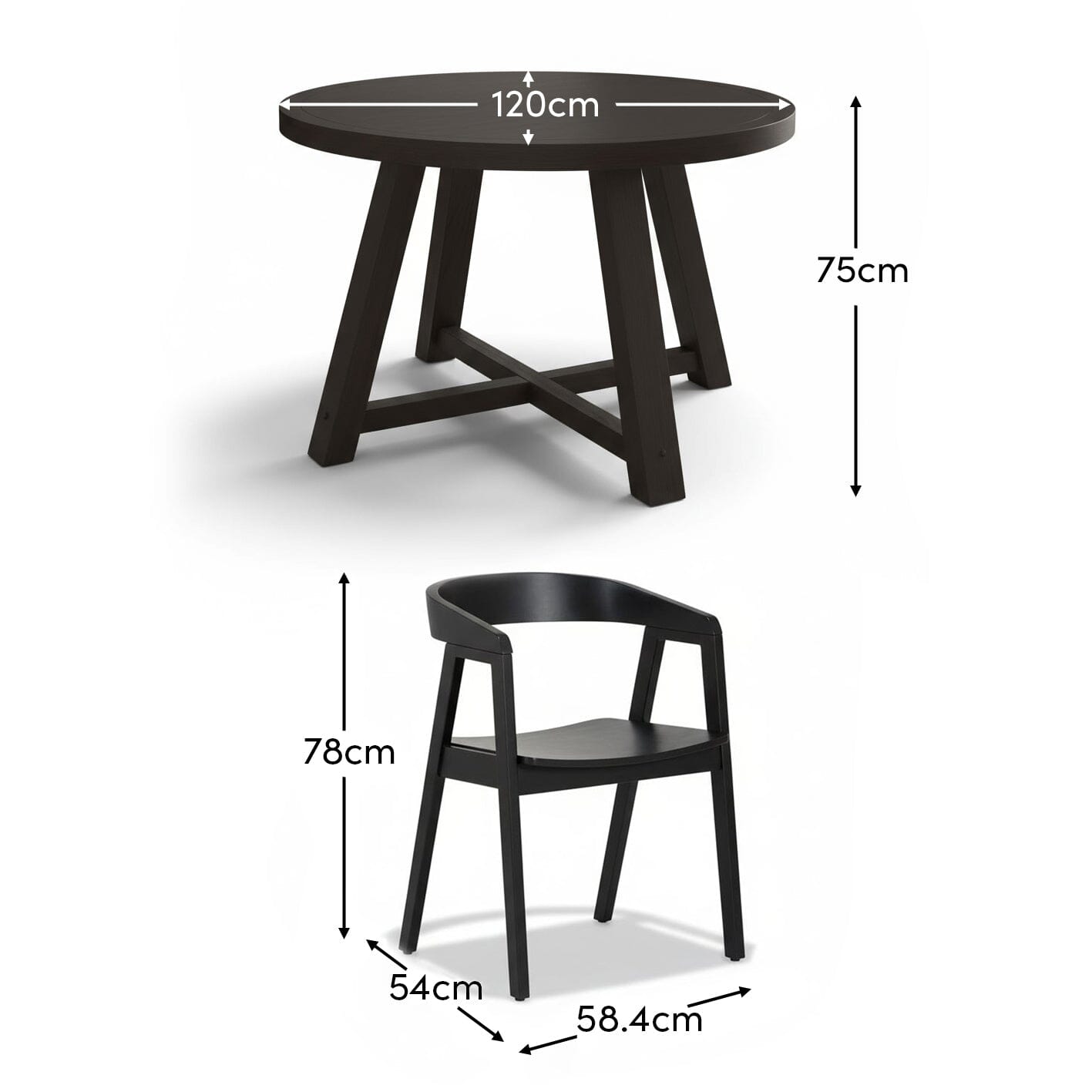 Charlotte Black Oak Round Dining Table Set - 4 Seater - Ella Black Dining Armchairs - Laura James 