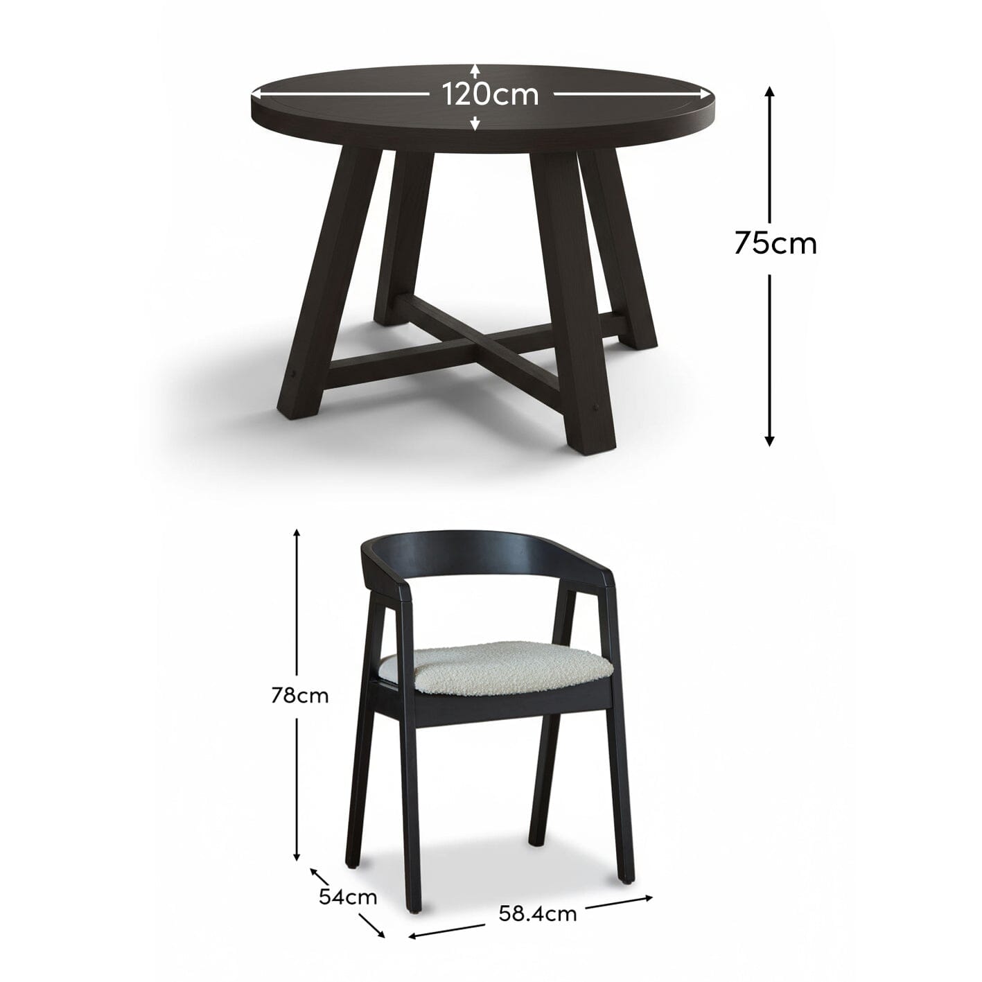 Charlotte Black Oak Round Dining Table Set - 4 Seater - Ella Black Oak Carver Chairs - Off White Boucle - Laura James