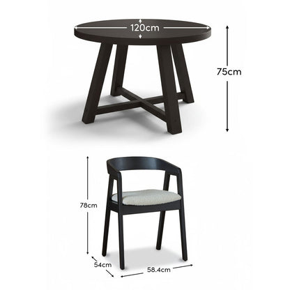 Charlotte Black Oak Round Dining Table Set - 4 Seater - Ella Black Oak Carver Chairs - Off White Boucle - Laura James