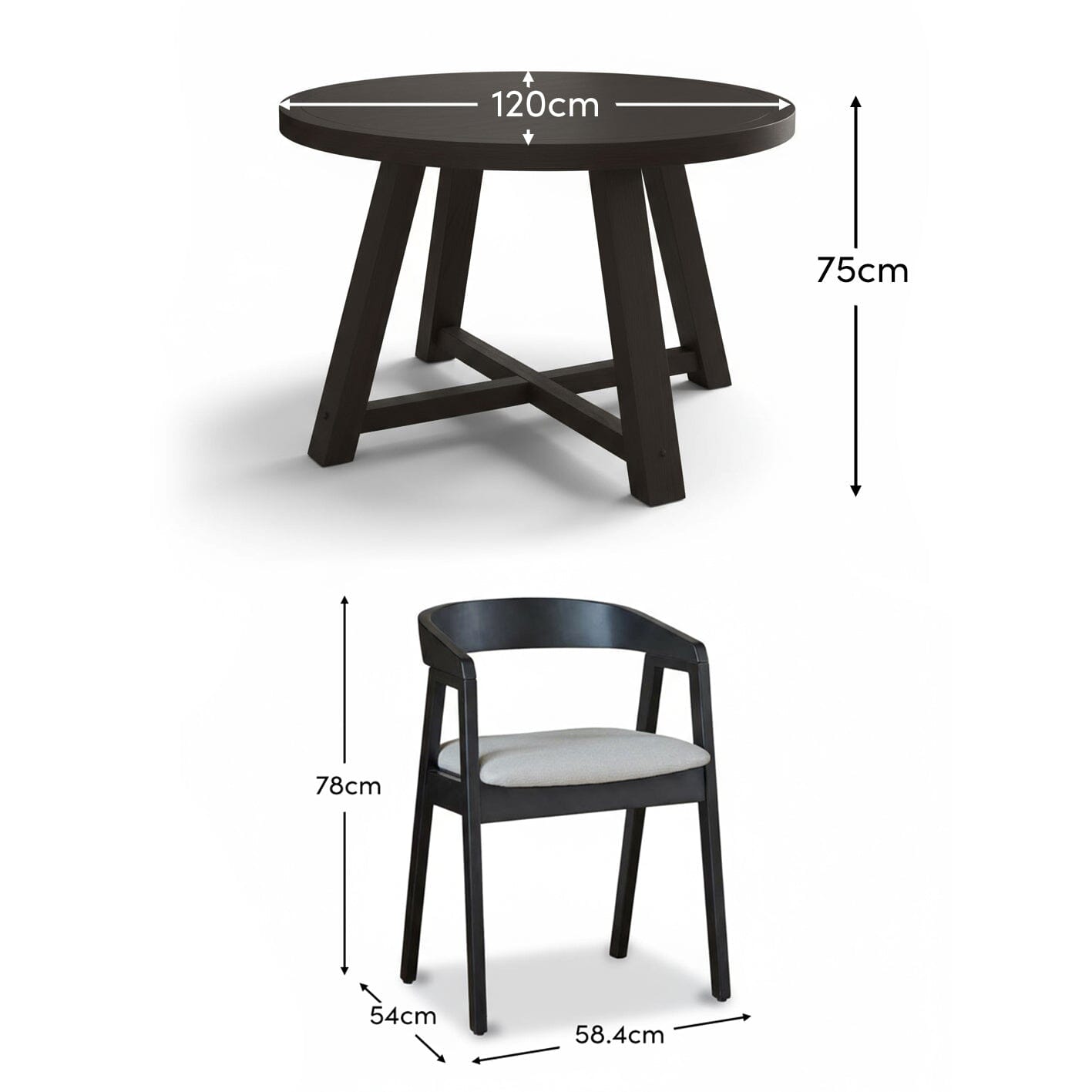 Charlotte Black Oak Round Dining Table Set - 4 Seater - Ella Black Oak Carver Chairs - Fawn Linen - Laura James 