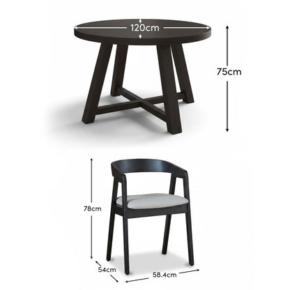 Charlotte Black Oak Round Dining Table Set - 4 Seater - Ella Black Oak Carver Chairs - Fawn Linen - Laura James 