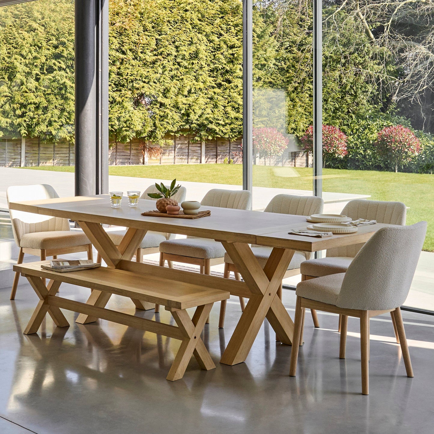 Charlotte 8 Seater Extending Rectangular Dining Table Set with Chloe Boucle Chairs & Dining Bench - Laura James 