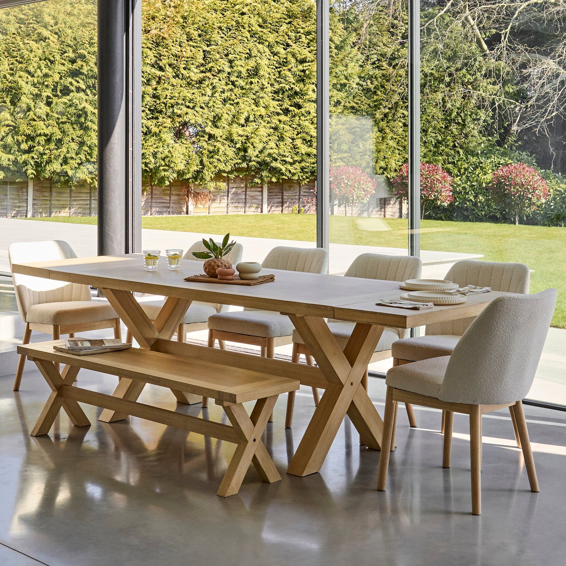 Charlotte 8 Seater Extending Rectangular Dining Table Set with Chloe Boucle Chairs & Dining Bench - Laura James 