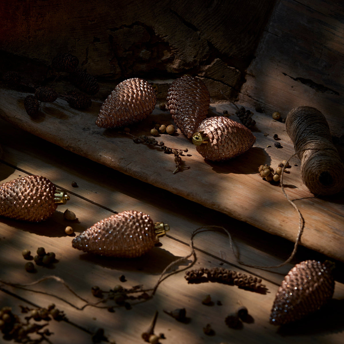 Valen Shatterprood 8cm Hanging Pine Cones - Set of 6 - Rose Gold Glitter - Laura James