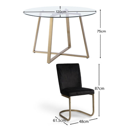 Clara Glass Dining Table Set - 4 Seater - Lola Black Dining Chairs with Gold Legs - Laura James
