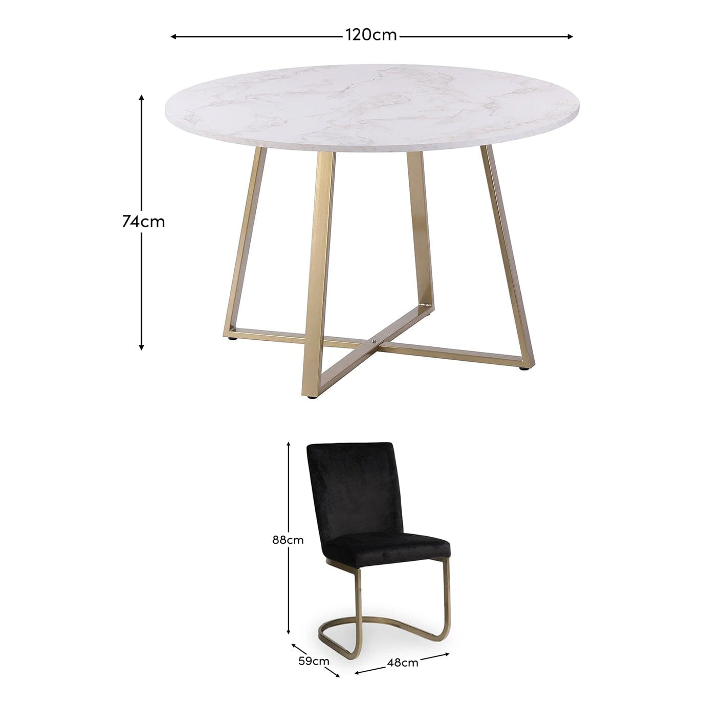Clara Marble Dining Table Set - 4 Seater - Lola Black Dining Chairs with Gold Legs - Laura James