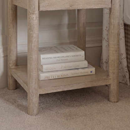 Viola 1 Drawer Bedside Table - Travertine Effect & Chalked Mango Wood - Laura James 