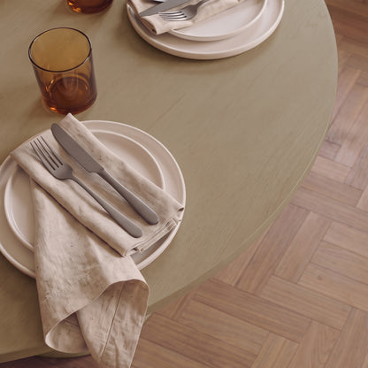 Adam 135cm Almond Brown Round Dining Table Set - 4 Seater - Archer Soft Beige Dining Chairs - Almond Brown Legs - Laura James 