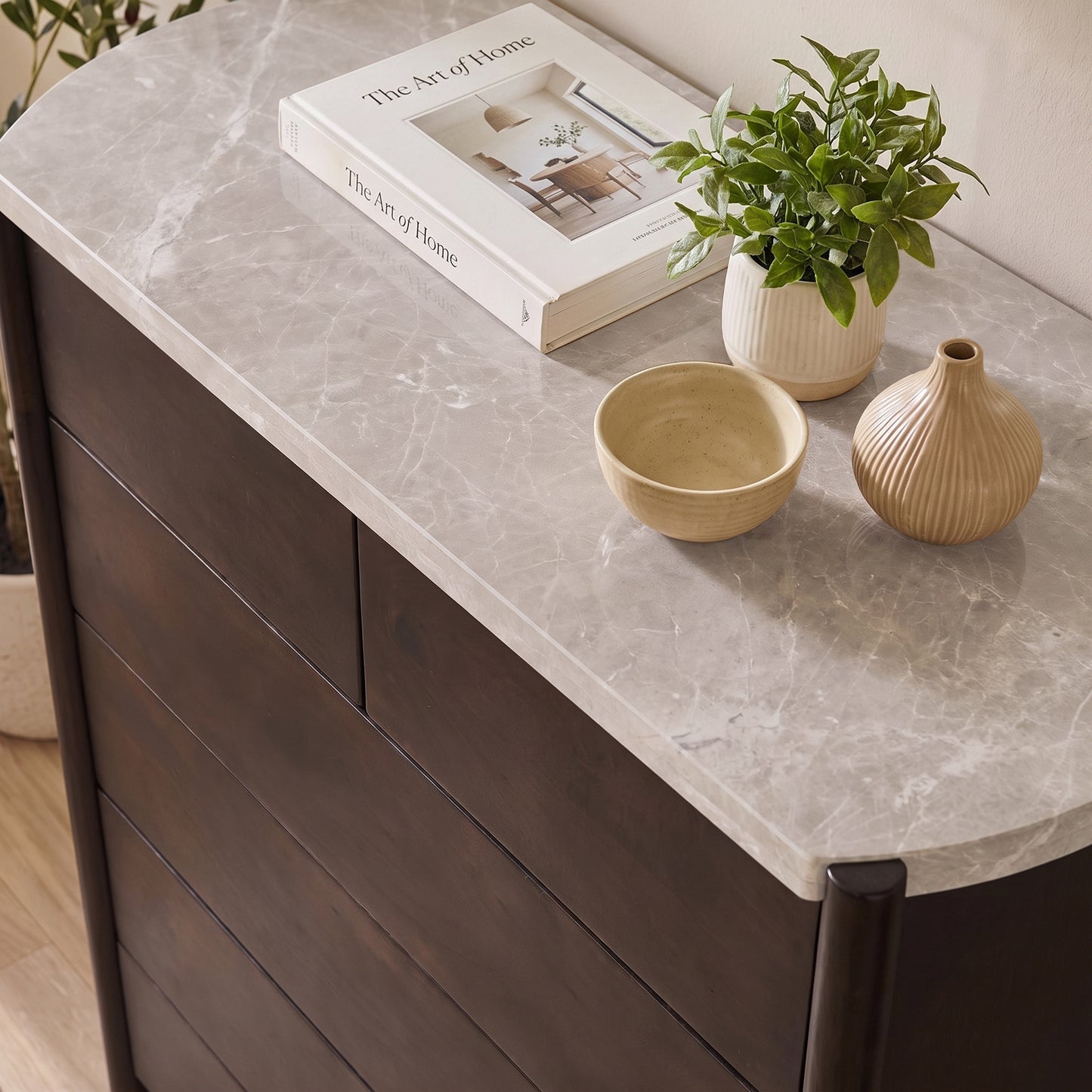 Viola 7 Drawer Tall Boy - Lady Grey Marble & Coffee Brown Mango Wood - Laura James 