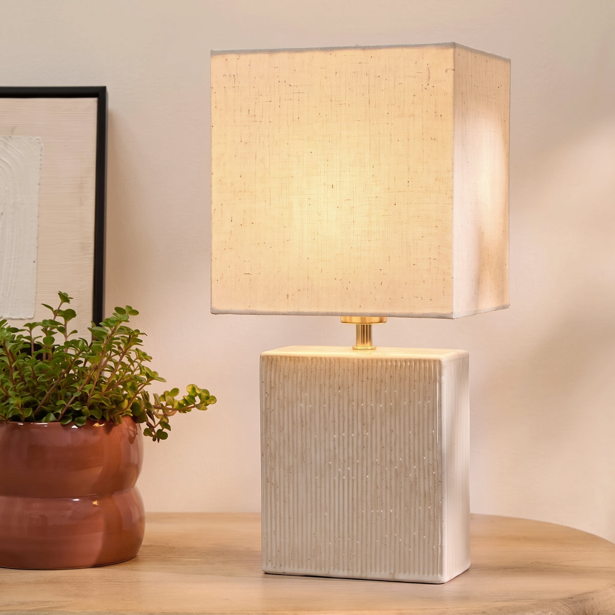 Coates 45cm Table Lamp - Oatmeal with Alabaster White Linen Shade - Laura James 