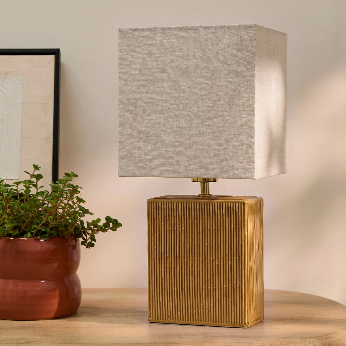 Coates 45cm Table Lamp - Saffron Yellow with Alabaster White Linen Shade - Laura James 