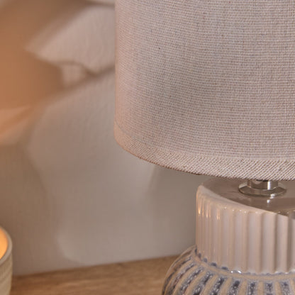 Coates 27cm Ceramic Table Lamp - Blue Reactive Glaze with Cream Linen Shade - Laura James