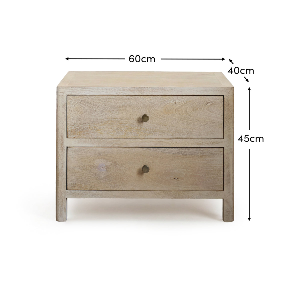 Colton 60cm 2 Drawer Bedside Table - Chalked Mango Wood & Travertine - Laura James 