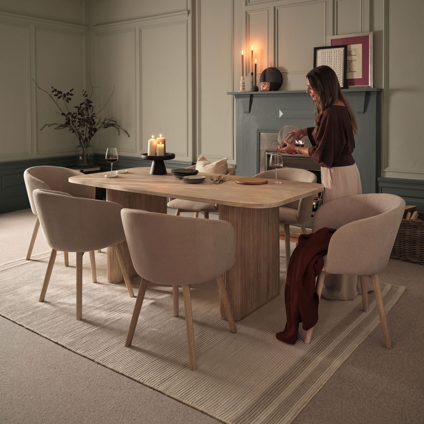 Orla 180cm Limewash Dining Table Set - 6 Seater - Archer Soft Beige Dining Chairs - Whitewash Legs