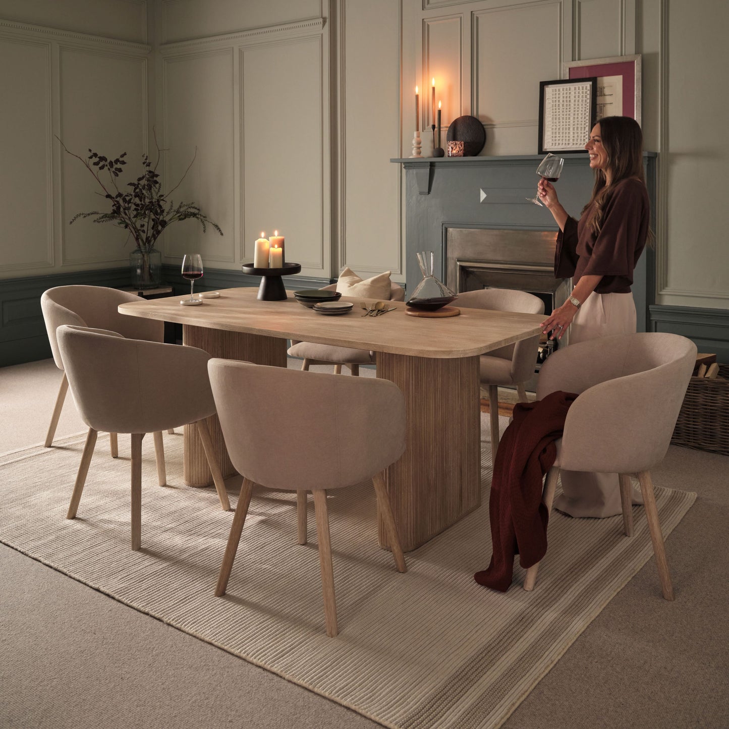 Orla 180cm Limewash Dining Table Set - 6 Seater - Archer Soft Beige Dining Chairs - Whitewash Legs