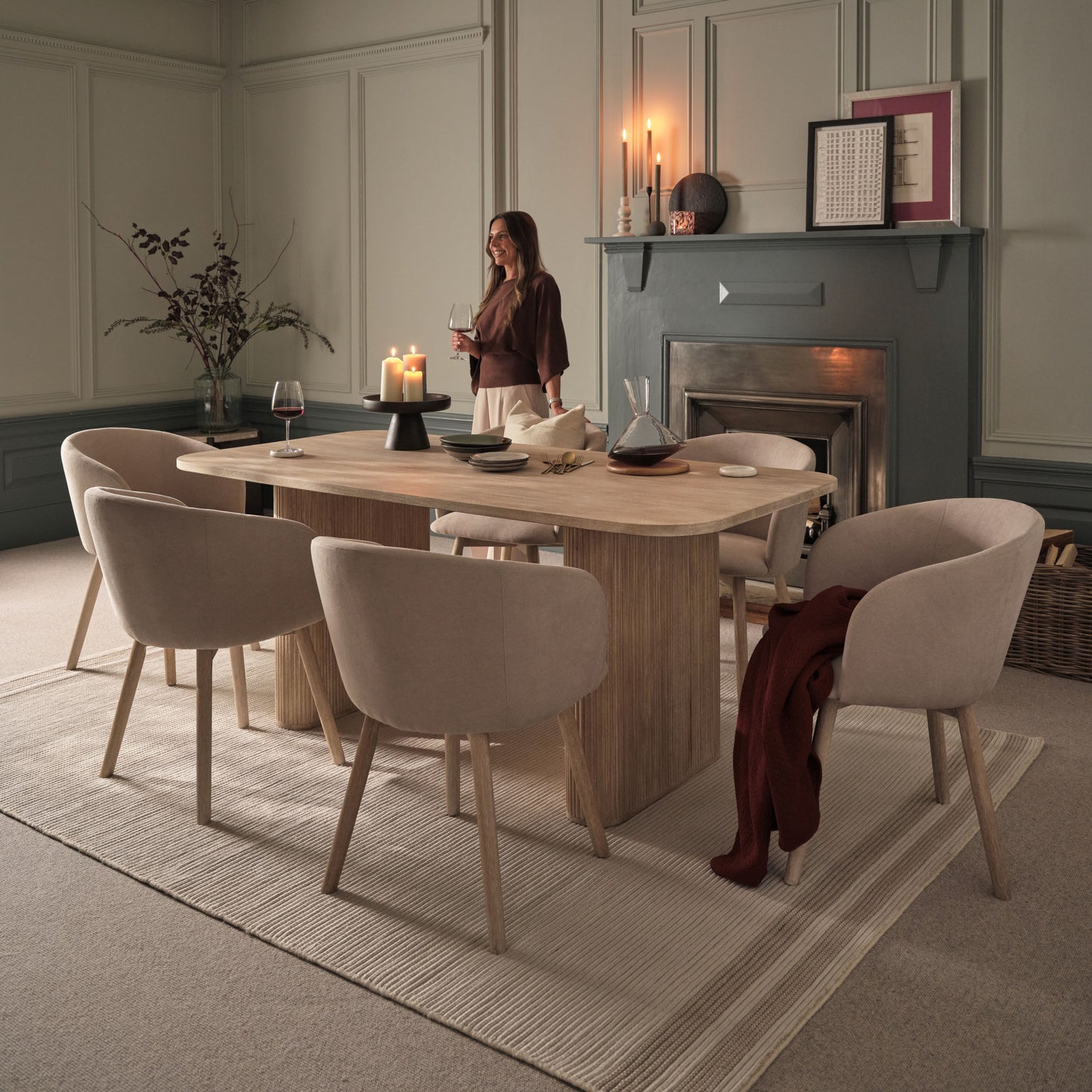 Orla 180cm Limewash Dining Table Set - 6 Seater - Archer Soft Beige Dining Chairs - Whitewash Legs