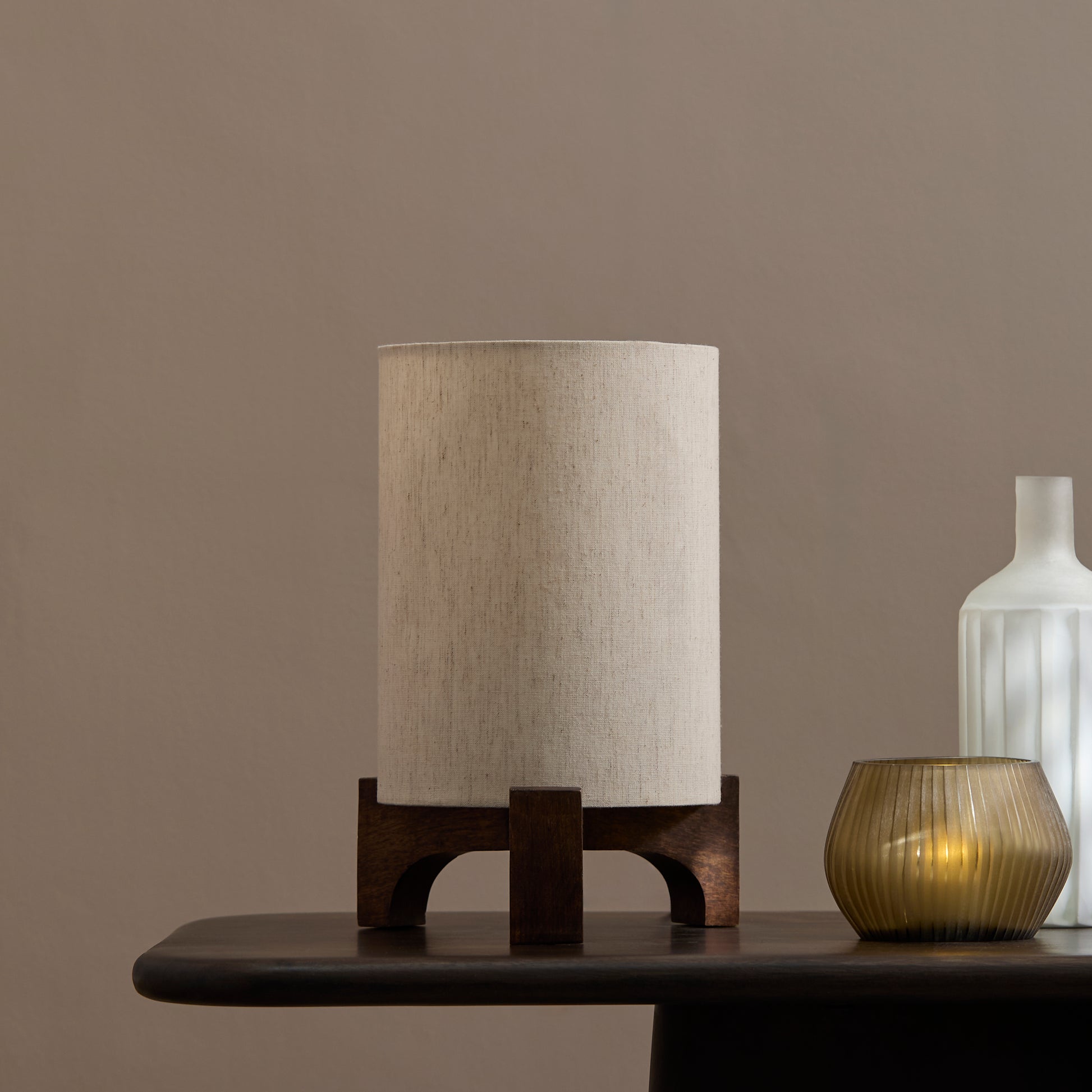Konduru 30cm Table Lamp - Natural Fabric and Darkened Mango Wood - Laura James 
