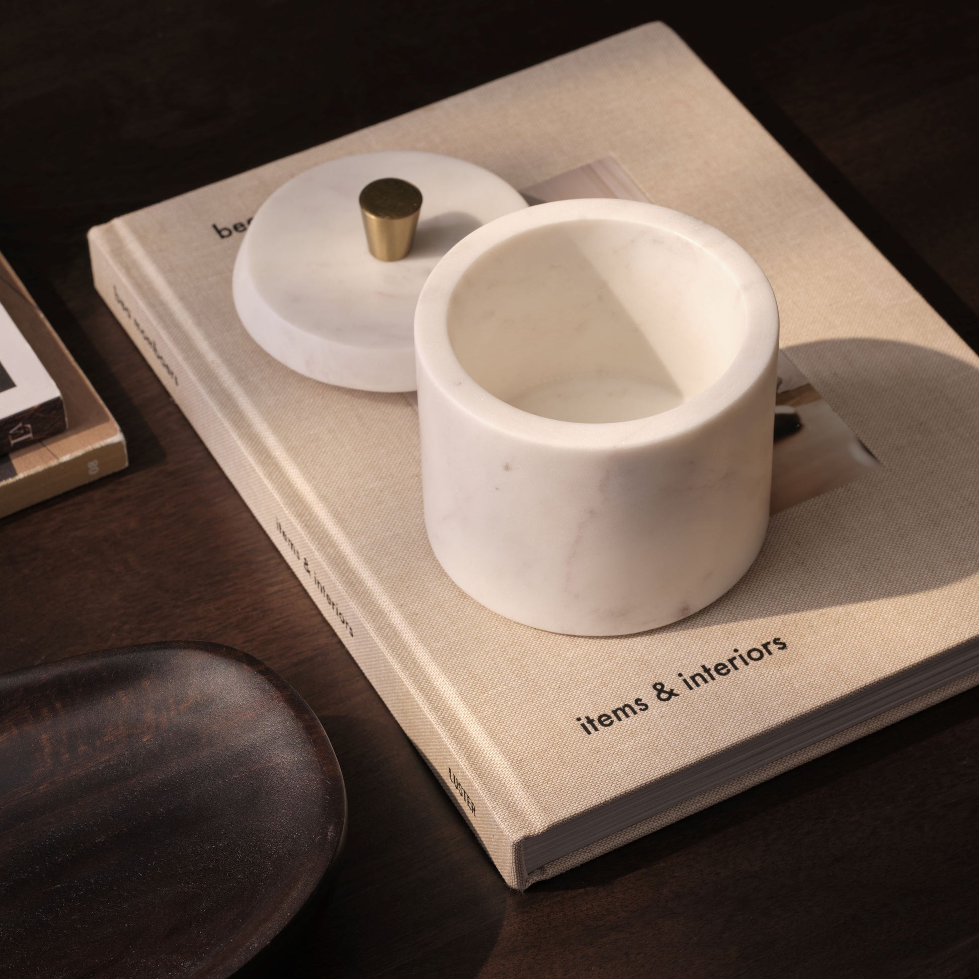 Tiree 10cm Lidded Pot with Brass Handle - White Marble - Laura James 