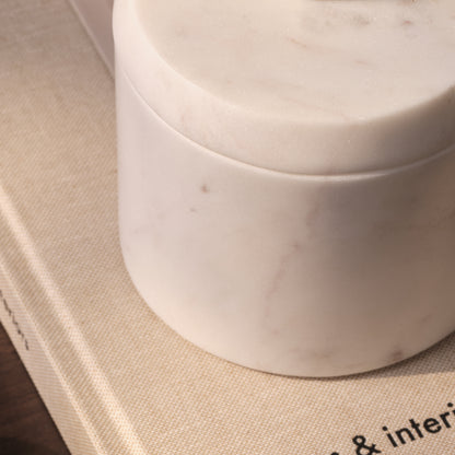 Tiree 10cm Lidded Pot with Brass Handle - White Marble - Laura James 