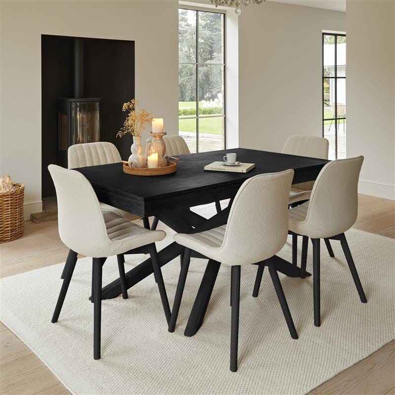 Amelia Black Wooden Dining Table Set Light Beige Boucle Chairs